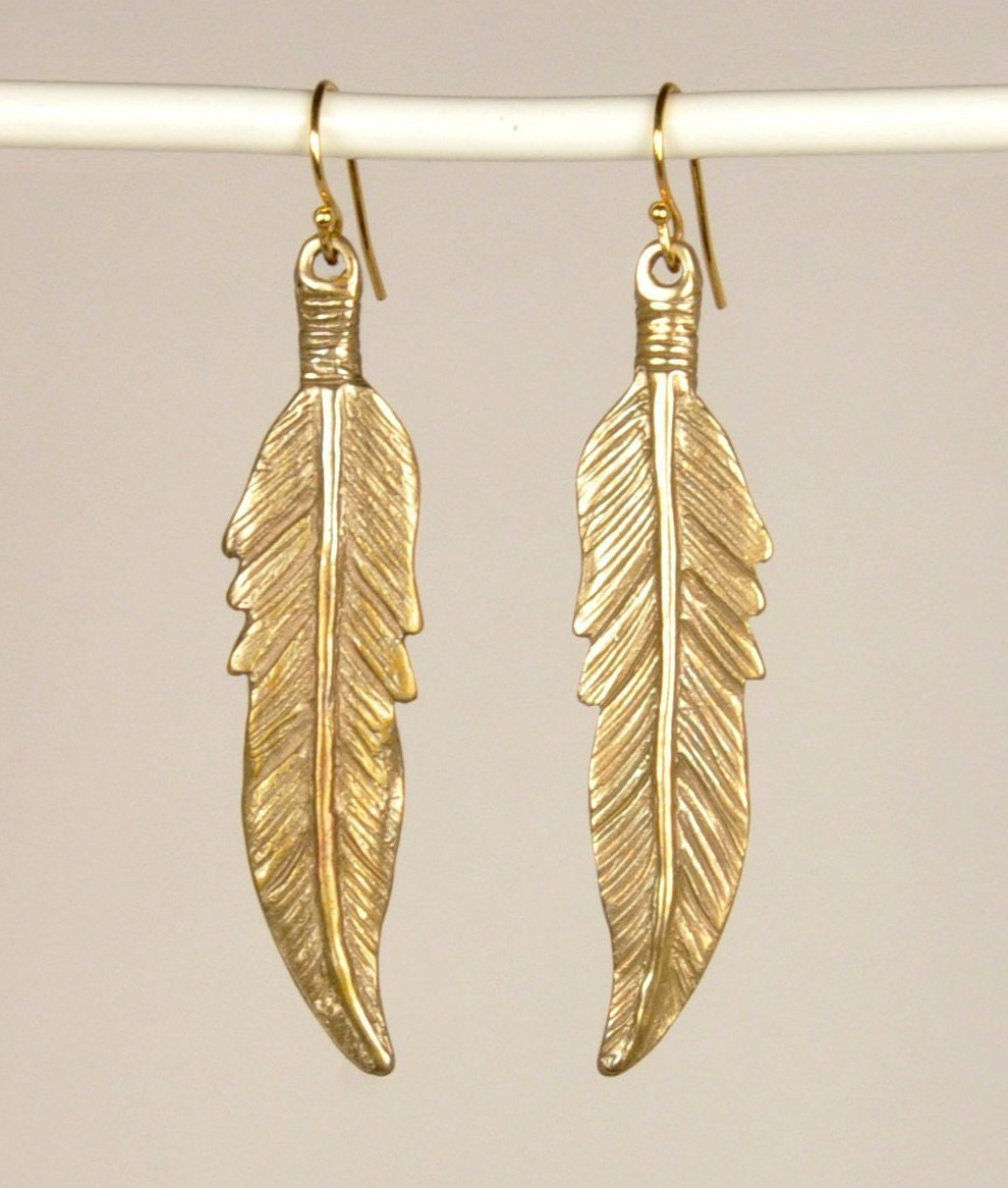 Hand Carved Bronze Feather Earrings
